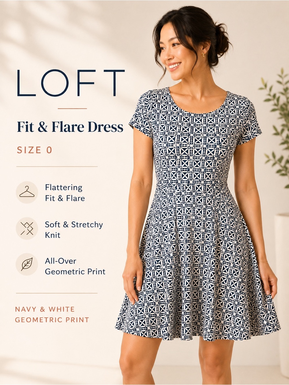 LOFT Geometric Crisscross Back Fit & Flare Dress Blue White Size 0